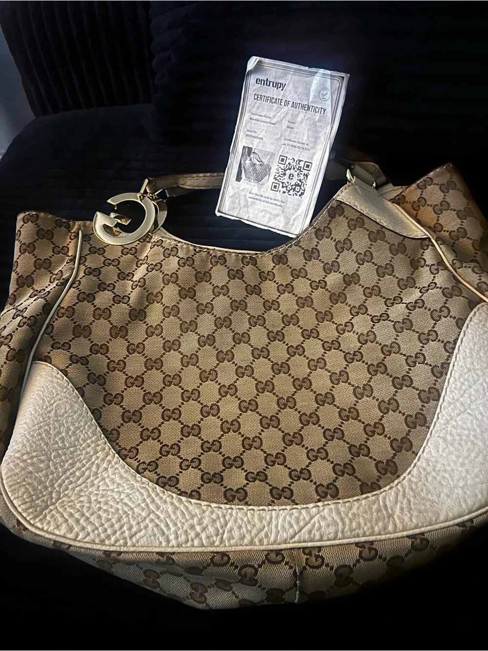 Gucci Beige GG Canvas and White Leather Hobo Bag